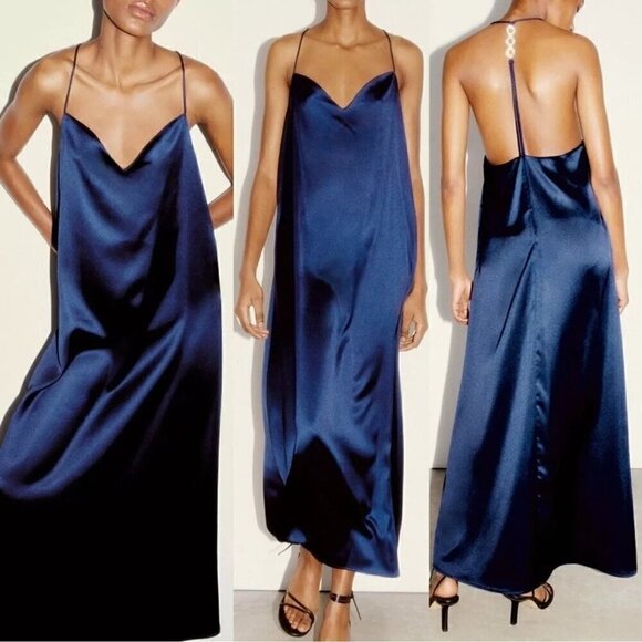 Zara Dresses & Skirts - ZARA Blue Open Back Jewel Chain Satin Maxi  Dress 0387/197/490 -  M
